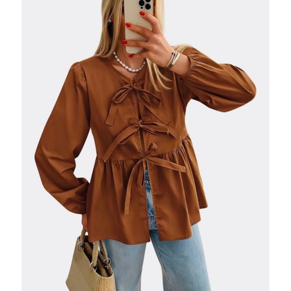 NEW Pretty Garden Large Brown Triple Tie Front Peplum Blouse Long Sleeve Bow Top